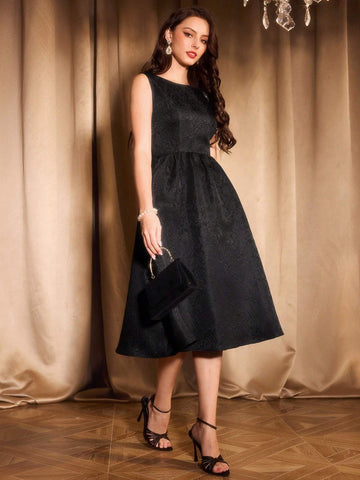 Retro Elegant Women's Fitted Tie Bow Midi Dress, Black Sleeveless Sundress With Trumpet Skirt