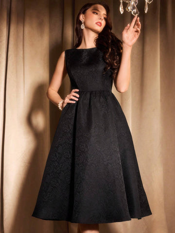 Retro Elegant Women's Fitted Tie Bow Midi Dress, Black Sleeveless Sundress With Trumpet Skirt