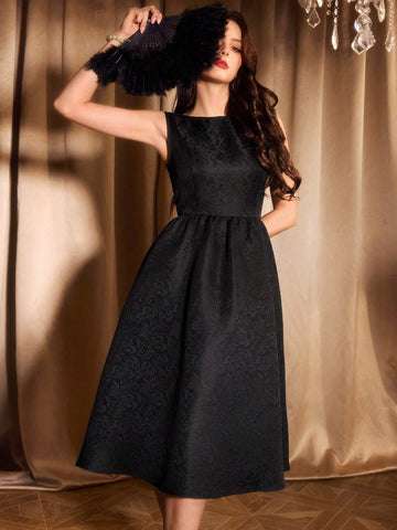 Retro Elegant Women's Fitted Tie Bow Midi Dress, Black Sleeveless Sundress With Trumpet Skirt
