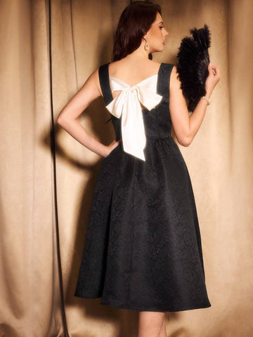 Retro Elegant Women's Fitted Tie Bow Midi Dress, Black Sleeveless Sundress With Trumpet Skirt