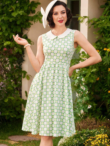 Retro Elegant Women's Loose Dress, Spring/Summer, Floral Plaid Printed Patchwork, Peter Pa