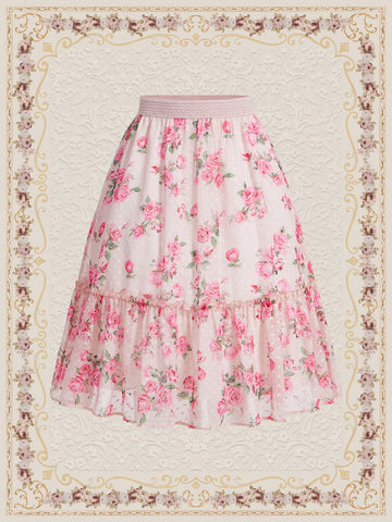 DECDS Rose Print Chiffon Umbrella Skirt With Frill Hem, Vintage Style Summer Women Long Skirt Summer S