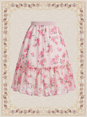 DECDS Rose Print Chiffon Umbrella Skirt With Frill Hem, Vintage Style Summer Women Long Skirt Summer S