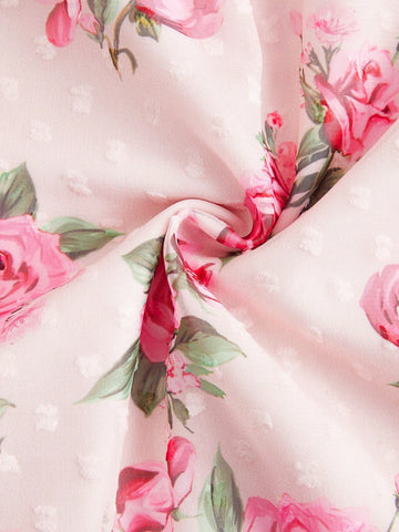 DECDS Rose Print Chiffon Umbrella Skirt With Frill Hem, Vintage Style Summer Women Long Skirt Summer S