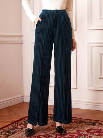 DECDS Vintage And Elegant Velvet Ribbed Split Hem Straight Leg Pants, Suitable For New Year'S And Christmas Parties, Autumn And Winter