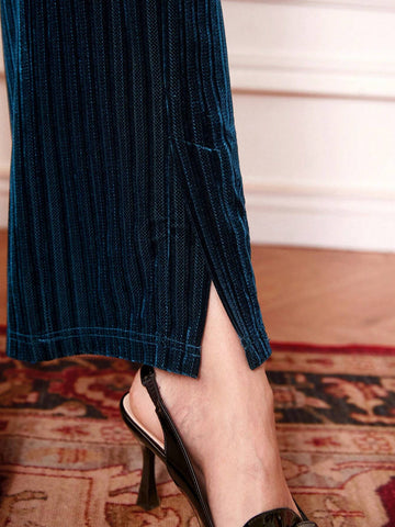 DECDS Vintage And Elegant Velvet Ribbed Split Hem Straight Leg Pants, Suitable For New Year'S And Christmas Parties, Autumn And Winter