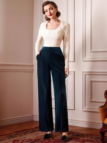 DECDS Vintage And Elegant Velvet Ribbed Split Hem Straight Leg Pants, Suitable For New Year'S And Christmas Parties, Autumn And Winter