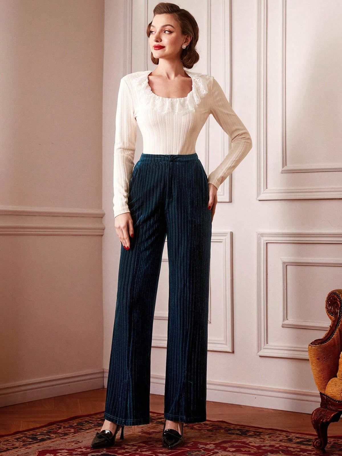 DECDS Vintage And Elegant Velvet Ribbed Split Hem Straight Leg Pants, Suitable For New Year'S And Christmas Parties, Autumn And Winter