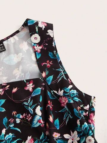 Vintage Casual Holiday Dress For Women, Spring/Summer, Fitted Waist With Ruffle Hem, Black Floral