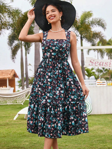 Vintage Casual Holiday Dress For Women, Spring/Summer, Fitted Waist With Ruffle Hem, Black Floral