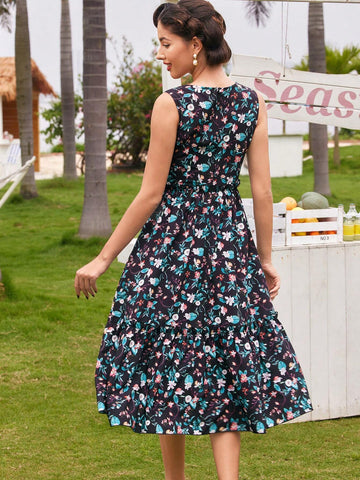 Vintage Casual Holiday Dress For Women, Spring/Summer, Fitted Waist With Ruffle Hem, Black Floral