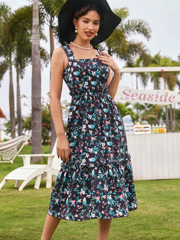 Vintage Casual Holiday Dress For Women, Spring/Summer, Fitted Waist With Ruffle Hem, Black Floral