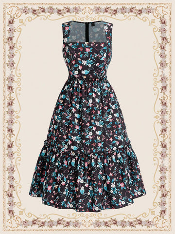 Vintage Casual Holiday Dress For Women, Spring/Summer, Fitted Waist With Ruffle Hem, Black Floral