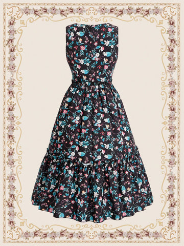Vintage Casual Holiday Dress For Women, Spring/Summer, Fitted Waist With Ruffle Hem, Black Floral