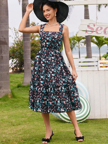 Vintage Casual Holiday Dress For Women, Spring/Summer, Fitted Waist With Ruffle Hem, Black Floral