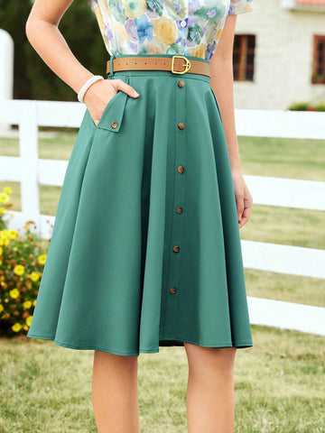 DECDS Vintage Casual Loose Fit Button Detail A-Line Skirt With Flared Hem For Spring/Summer Summer C