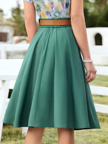 DECDS Vintage Casual Loose Fit Button Detail A-Line Skirt With Flared Hem For Spring/Summer Summer C