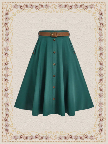 DECDS Vintage Casual Loose Fit Button Detail A-Line Skirt With Flared Hem For Spring/Summer Summer C