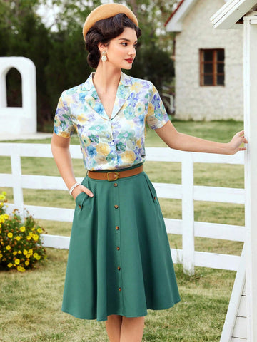 DECDS Vintage Casual Loose Fit Button Detail A-Line Skirt With Flared Hem For Spring/Summer Summer C