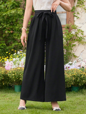DECDS Vintage Casual Women Loose Pants With Bow-Knot & Tie At Waist, Wide-Leg Trousers For Spring/Summer Vacation