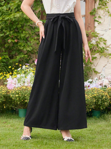 DECDS Vintage Casual Women Loose Pants With Bow-Knot & Tie At Waist, Wide-Leg Trousers For Spring/Summer Vacation