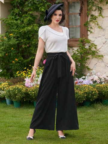DECDS Vintage Casual Women Loose Pants With Bow-Knot & Tie At Waist, Wide-Leg Trousers For Spring/Summer Vacation
