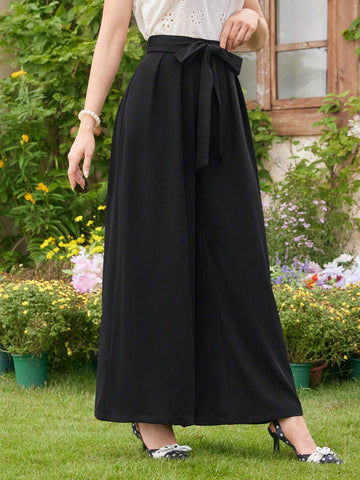 DECDS Vintage Casual Women Loose Pants With Bow-Knot & Tie At Waist, Wide-Leg Trousers For Spring/Summer Vacation