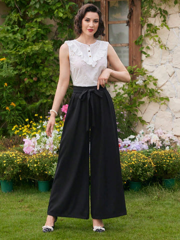 DECDS Vintage Casual Women Loose Pants With Bow-Knot & Tie At Waist, Wide-Leg Trousers For Spring/Summer Vacation