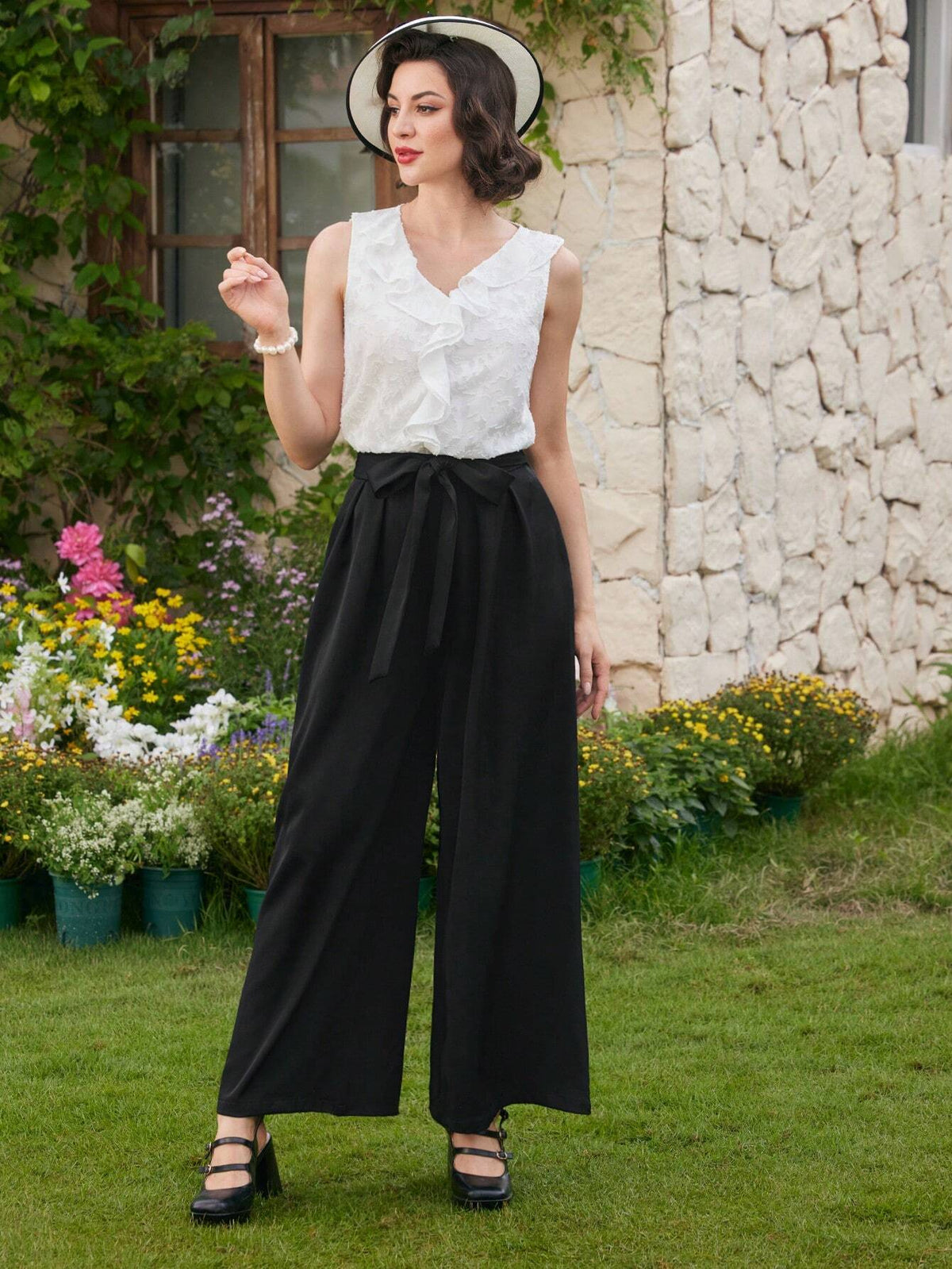 DECDS Vintage Casual Women Loose Pants With Bow-Knot & Tie At Waist, Wide-Leg Trousers For Spring/Summer Vacation