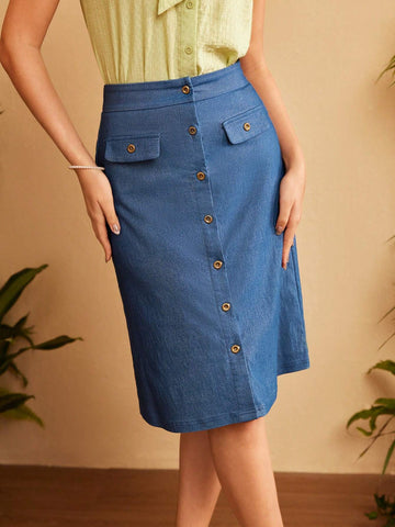 DECDS Vintage Casual Women's Denim Skirt With Buttons And H-Line Cut For Spring/Summer