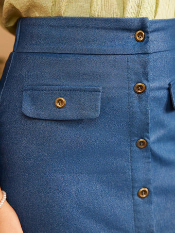 DECDS Vintage Casual Women's Denim Skirt With Buttons And H-Line Cut For Spring/Summer