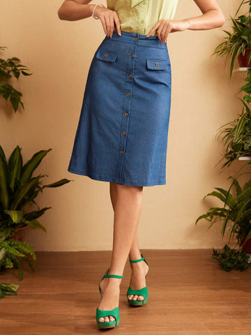 DECDS Vintage Casual Women's Denim Skirt With Buttons And H-Line Cut For Spring/Summer