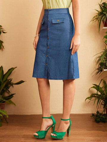 DECDS Vintage Casual Women's Denim Skirt With Buttons And H-Line Cut For Spring/Summer
