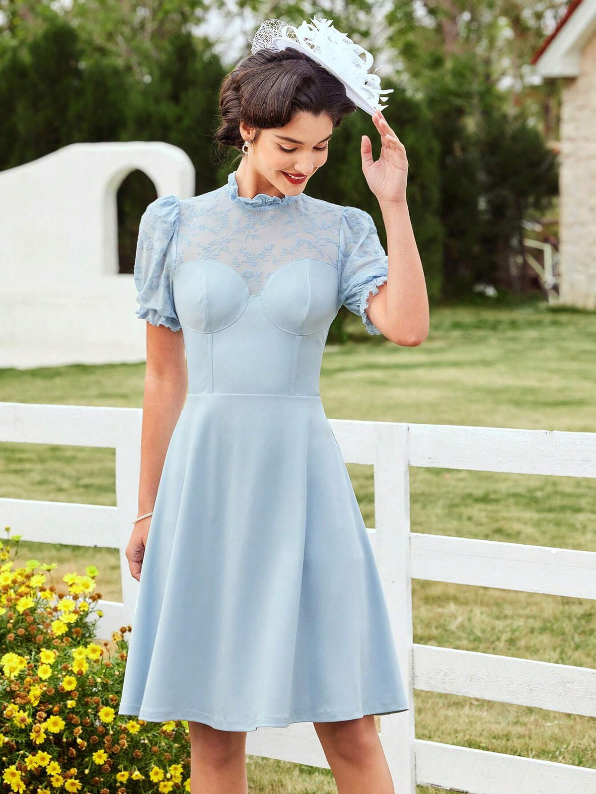 Vintage Elegant Flower Print Velvet Short Sleeve Dress With Cinched Waist Kentucky Derby Dress E