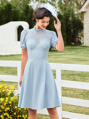 Vintage Elegant Flower Print Velvet Short Sleeve Dress With Cinched Waist Kentucky Derby Dress E