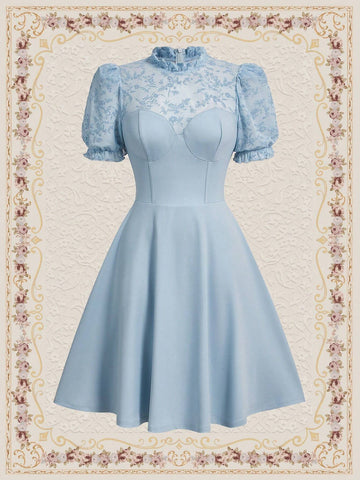 Vintage Elegant Flower Print Velvet Short Sleeve Dress With Cinched Waist Kentucky Derby Dress E