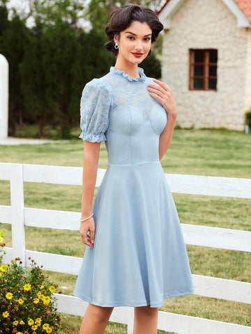 Vintage Elegant Flower Print Velvet Short Sleeve Dress With Cinched Waist Kentucky Derby Dress E