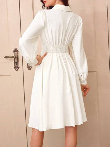 Vintage Elegant Ladies Office Wear Fitted Shirt Collar White Long Sleeve Shirt Dress, Summer/Fall
