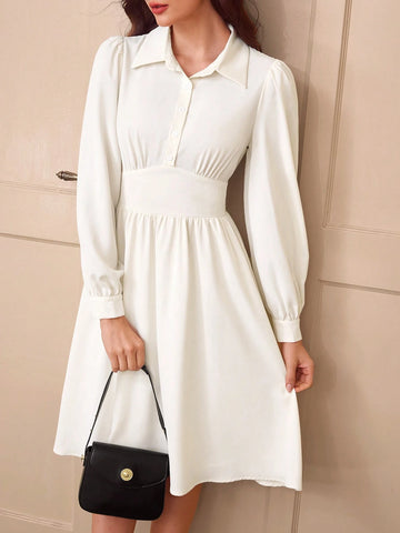 Vintage Elegant Ladies Office Wear Fitted Shirt Collar White Long Sleeve Shirt Dress, Summer/Fall