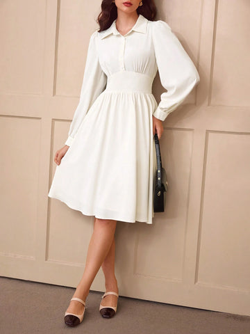 Vintage Elegant Ladies Office Wear Fitted Shirt Collar White Long Sleeve Shirt Dress, Summer/Fall
