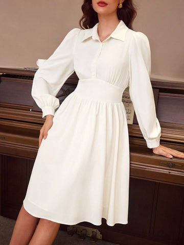 Vintage Elegant Ladies Office Wear Fitted Shirt Collar White Long Sleeve Shirt Dress, Summer/Fall