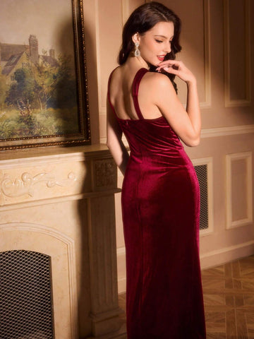 Vintage Elegant Party Women's Fitted Velvet Spaghetti Strap Dress, Burgundy