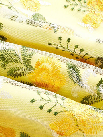 DECDS Vintage Elegant Rose Branch And Leaves Embroidery Tulle Lace Trim High Waist A-Line Skirt