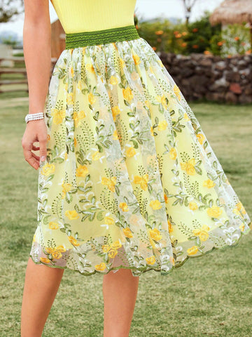 DECDS Vintage Elegant Rose Branch And Leaves Embroidery Tulle Lace Trim High Waist A-Line Skirt