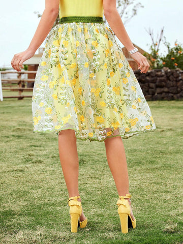 DECDS Vintage Elegant Rose Branch And Leaves Embroidery Tulle Lace Trim High Waist A-Line Skirt