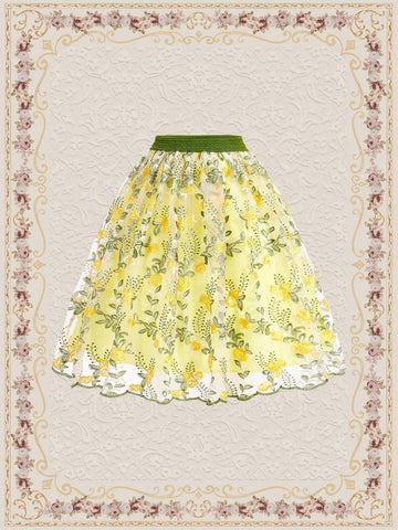 DECDS Vintage Elegant Rose Branch And Leaves Embroidery Tulle Lace Trim High Waist A-Line Skirt