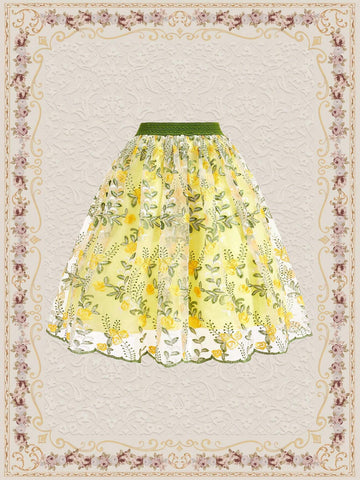 DECDS Vintage Elegant Rose Branch And Leaves Embroidery Tulle Lace Trim High Waist A-Line Skirt