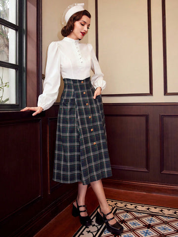 DECDS Vintage Elegant Women'S A-Line Skirt, Loose Fit, Super High Waist, Metal Buckle, Flared Hem, Autum