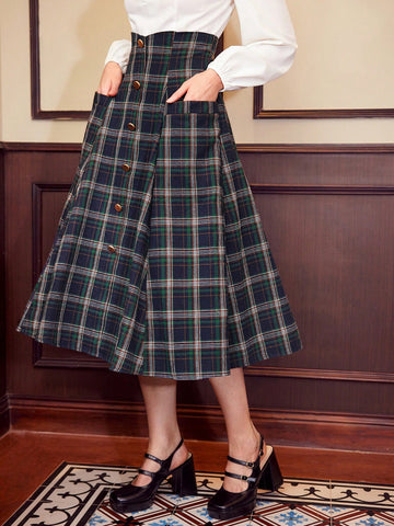 DECDS Vintage Elegant Women'S A-Line Skirt, Loose Fit, Super High Waist, Metal Buckle, Flared Hem, Autum