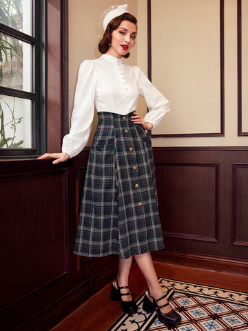 DECDS Vintage Elegant Women'S A-Line Skirt, Loose Fit, Super High Waist, Metal Buckle, Flared Hem, Autum